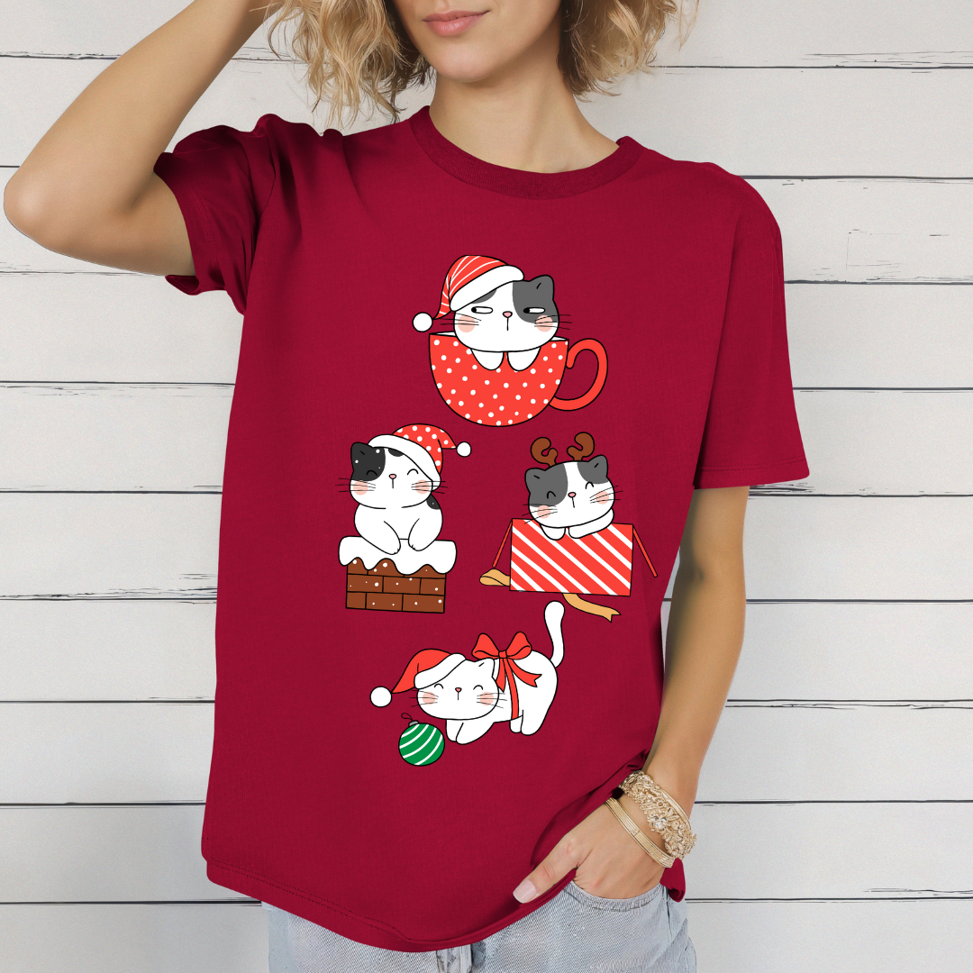 Cat T-shirt for Christmas presents for Cat Lady gifts for Cat Lover Tshirts for Women Christmas T Shirt for Holiday party Shirts for Her