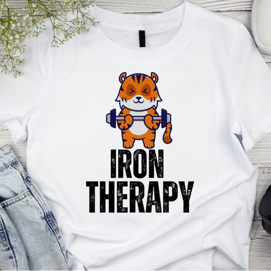 Tiger Working out T-shirt IRON THERAPY T Shirt for Gym Lover gift for Fitness Lover T Shirt for Cross Fit Lover Weightlifting Tee