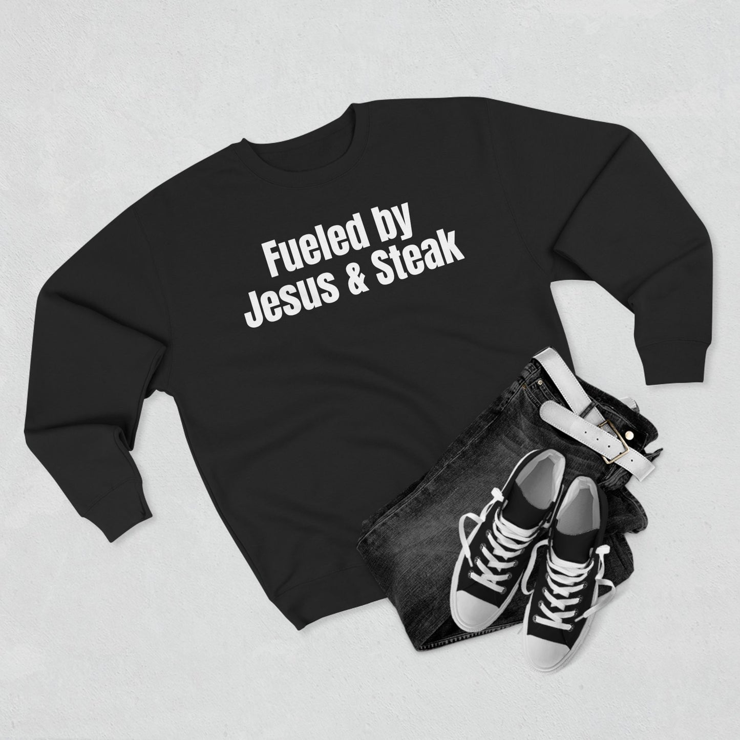 Fueled by Jesus and Steak Unisex Sweatshirt, Christian Crewneck Jumper, Religious Top, Funny Foodie Pullover, Gift for Men and Women