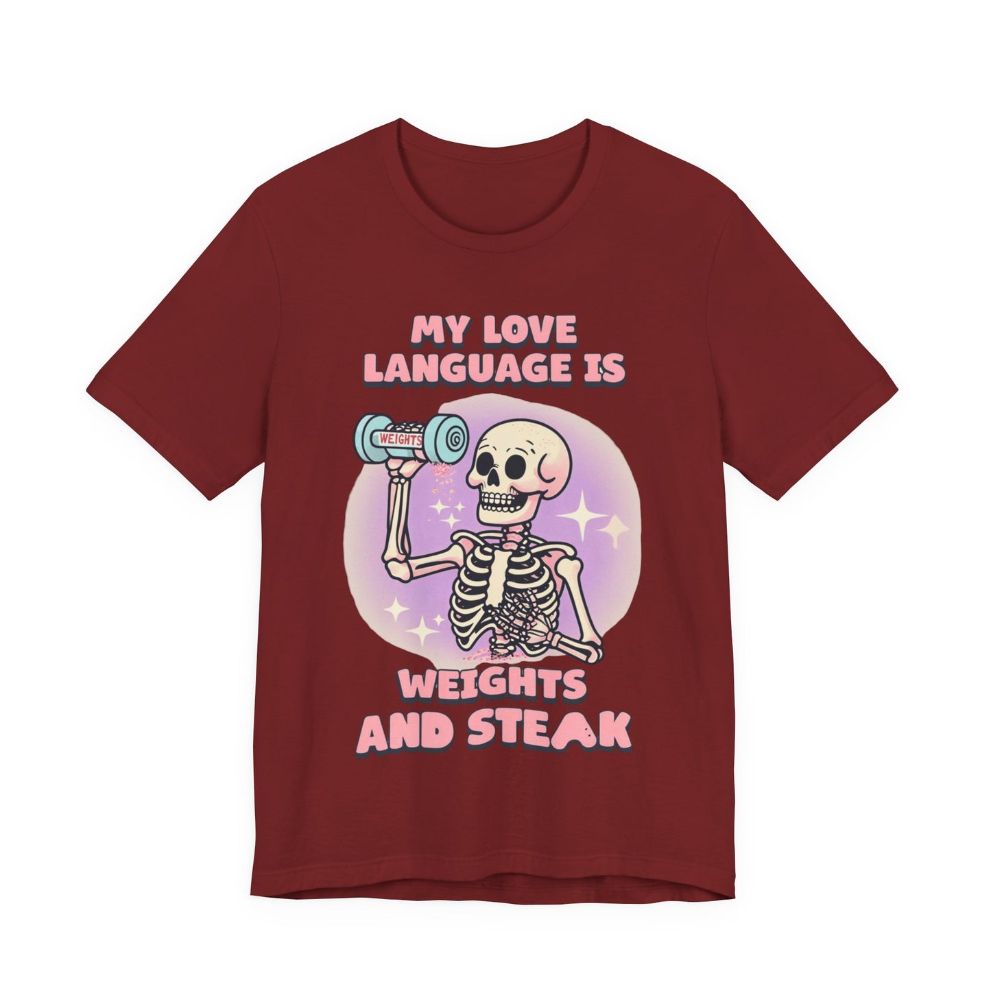 Funny Halloween Weights and Steak Skeleton Unisex Tee, Workout Shirt, Gym T-Shirt, Halloween Costume, Spooky Graphic Tee