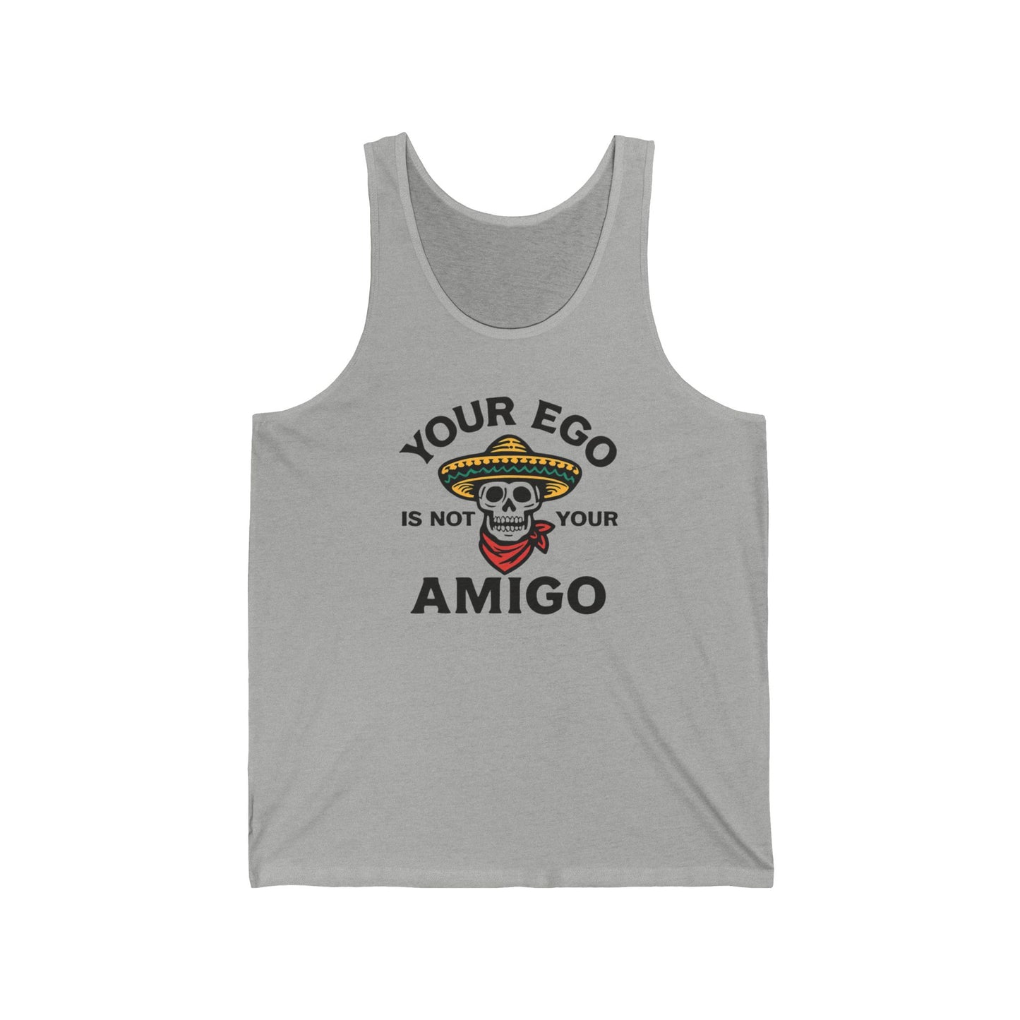 Funny Skull Unisex Jersey Tank Top, Your Ego Is Not Your Amigo, Spanish Sleeveless Shirt, Humorous Skeleton Muscle Tee, Cool Graphic Tee