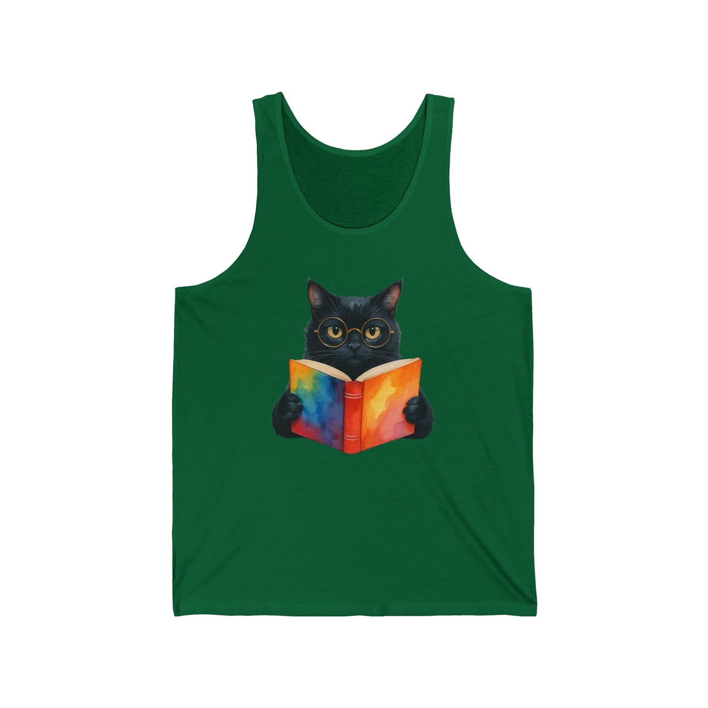 Black Cat Reading a Book Tank Top - Unisex Jersey Tank, Cat Lover Sleeveless Shirt, Bookworm Graphic Tee, Animal Print Vest, Cute Kitten
