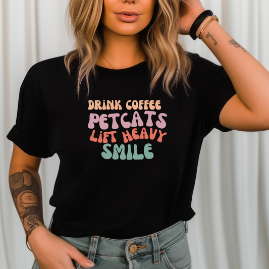 Cute Retro Graphic Tee Drink Coffee Tshirt Pet Cats T-shirts Lift Heavy T-shirt Smile T Shirts for Cat Lover gifts for Gym Tees Workout tees