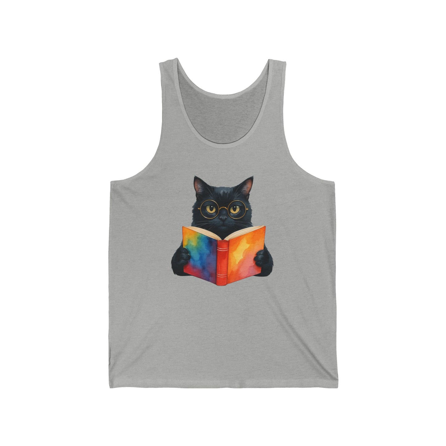 Black Cat Reading a Book Tank Top - Unisex Jersey Tank, Cat Lover Sleeveless Shirt, Bookworm Graphic Tee, Animal Print Vest, Cute Kitten
