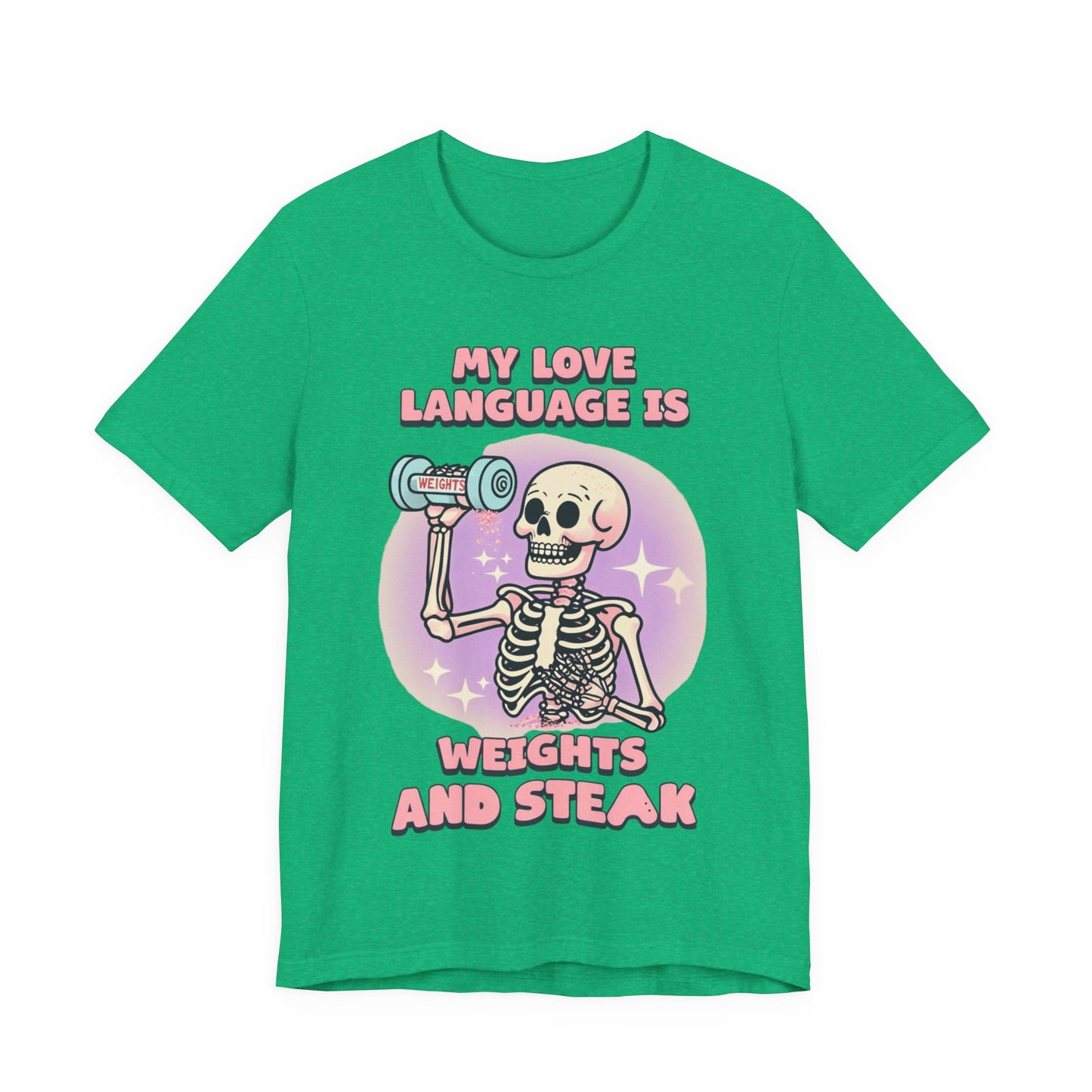 Funny Halloween Weights and Steak Skeleton Unisex Tee, Workout Shirt, Gym T-Shirt, Halloween Costume, Spooky Graphic Tee