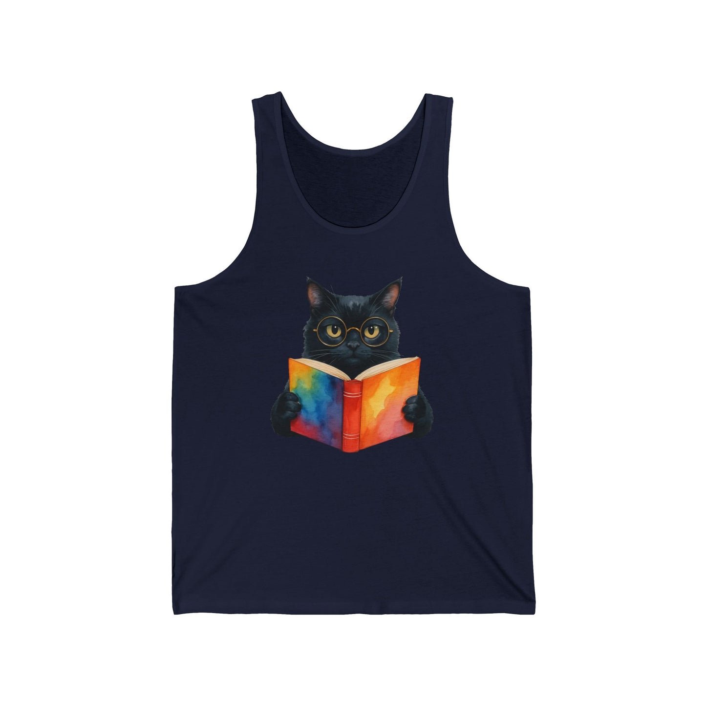 Black Cat Reading a Book Tank Top - Unisex Jersey Tank, Cat Lover Sleeveless Shirt, Bookworm Graphic Tee, Animal Print Vest, Cute Kitten