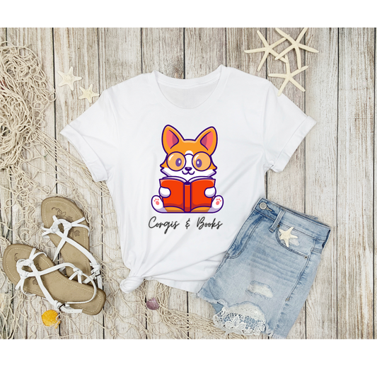 Corgi's & Books T Shirt for Corgi Lover Gift for Book Lover Soft Cotton T-shirt Dog Lovers Shirts Book Lover Shirt