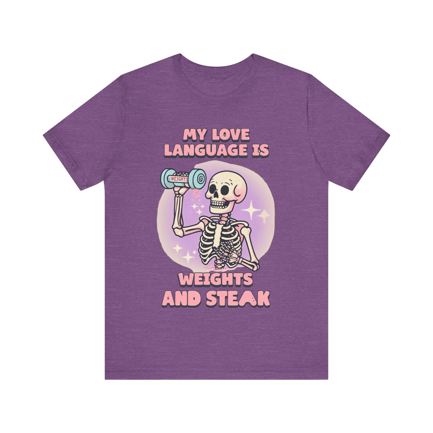 Funny Halloween Weights and Steak Skeleton Unisex Tee, Workout Shirt, Gym T-Shirt, Halloween Costume, Spooky Graphic Tee
