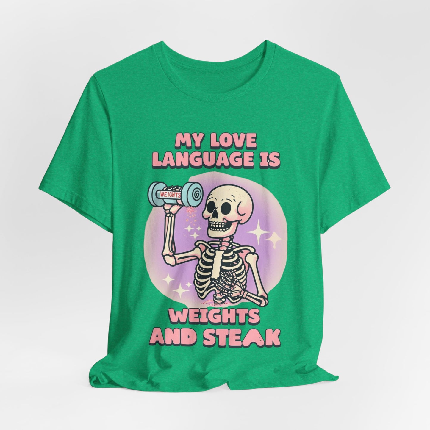 Funny Halloween Weights and Steak Skeleton Unisex Tee, Workout Shirt, Gym T-Shirt, Halloween Costume, Spooky Graphic Tee