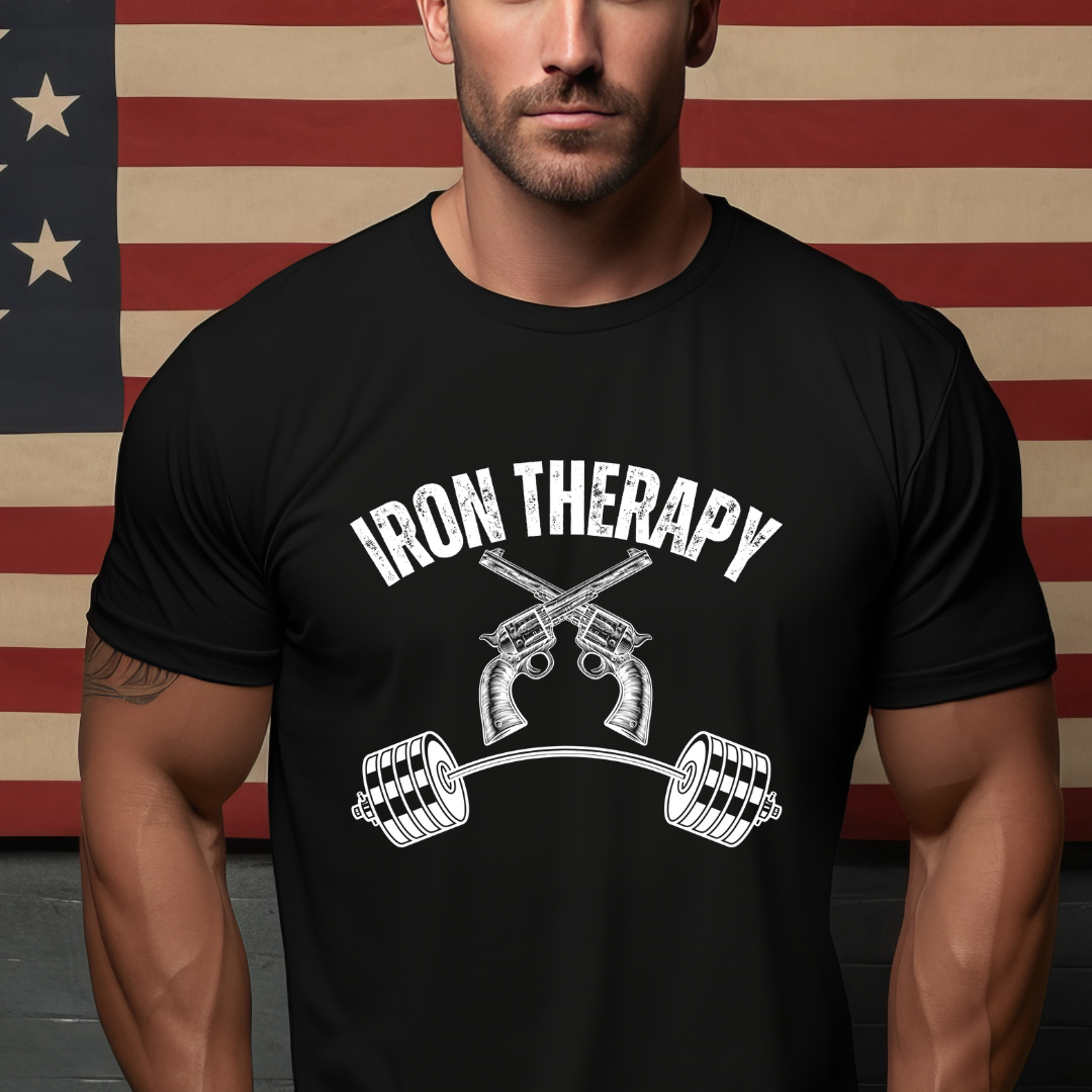 Workout Shirt for Gun Lover gift for Weightlifting T-shirt for Gym Lover gifts for Powerlifting Tee Shirts for Him Iron Therapy Shirt
