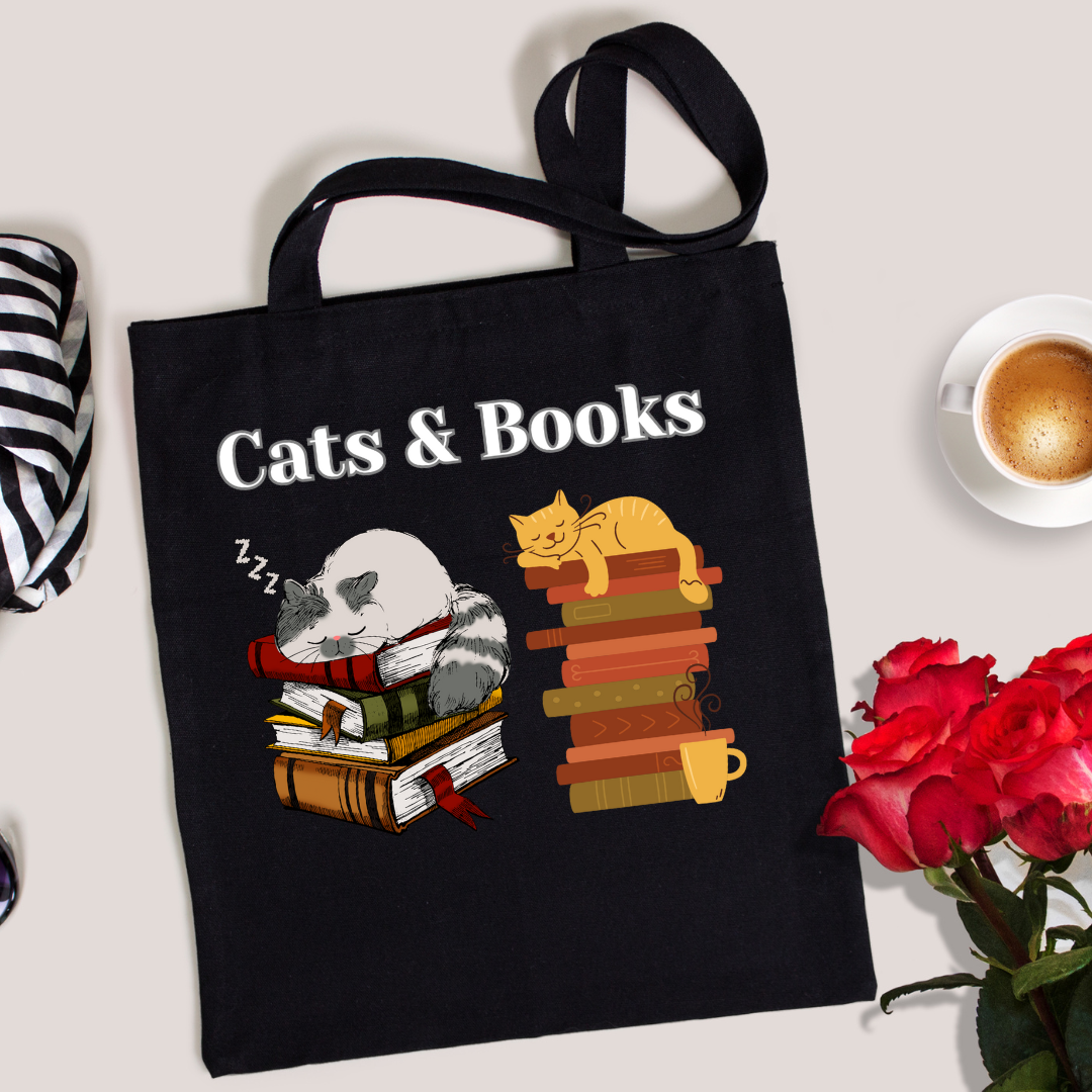 Cats and Books Tote Bag for Reading Lovers gift for Bookworm gifts for Book Lover Book Bags for Cat Lover gift for Moms Cat Mom Grocery Bags