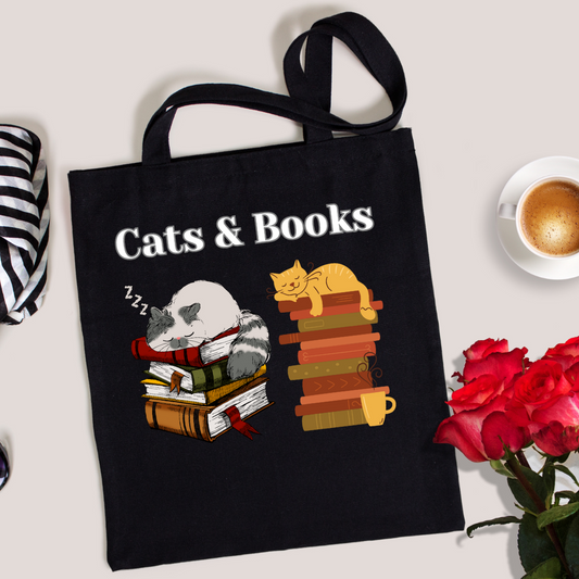 Cats and Books Tote Bag for Reading Lovers gift for Bookworm gifts for Book Lover Book Bags for Cat Lover gift for Moms Cat Mom Grocery Bags