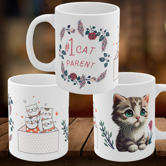 #1 Cat Parent Mugs Cat Mom Mug for Cat Lover gifts for Cat Moms Mug Number One Cat Parent Mug Cute Floral Cat Mug gift for Her