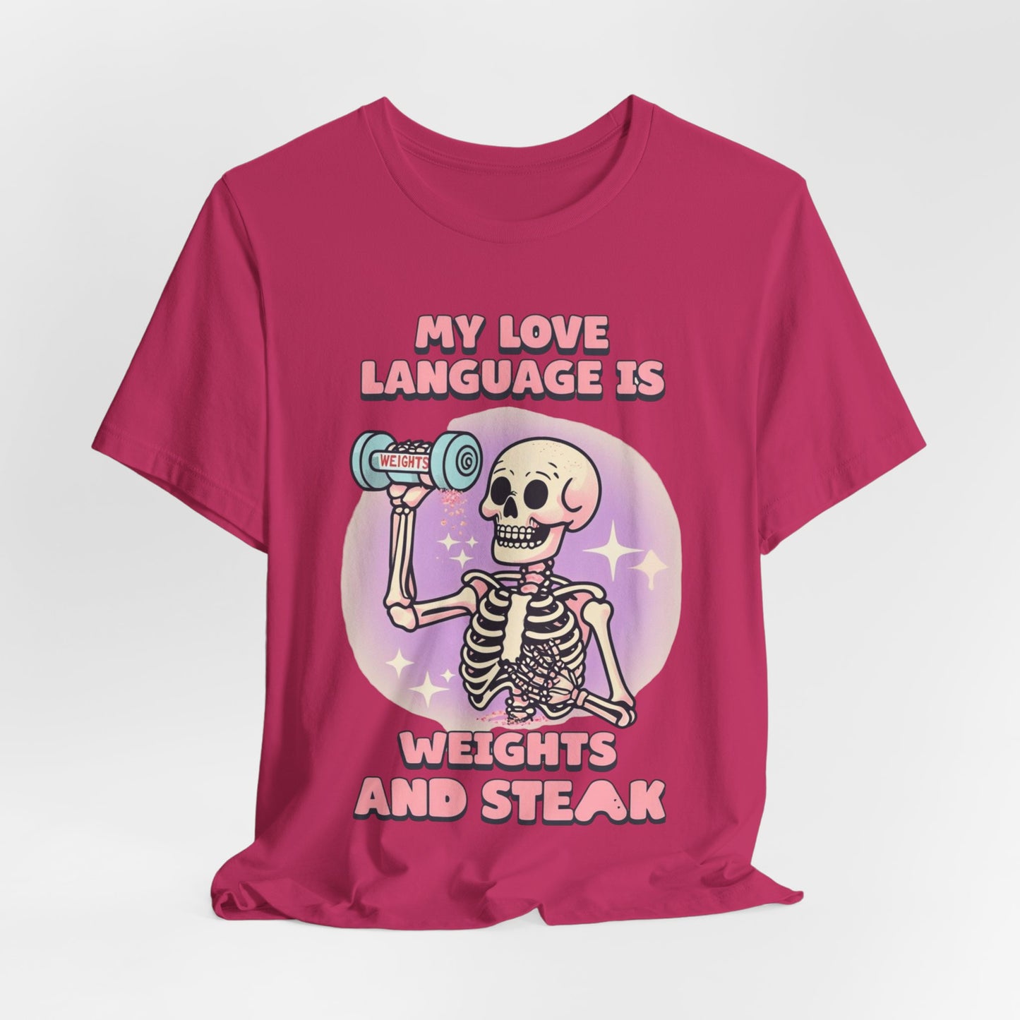 Funny Halloween Weights and Steak Skeleton Unisex Tee, Workout Shirt, Gym T-Shirt, Halloween Costume, Spooky Graphic Tee