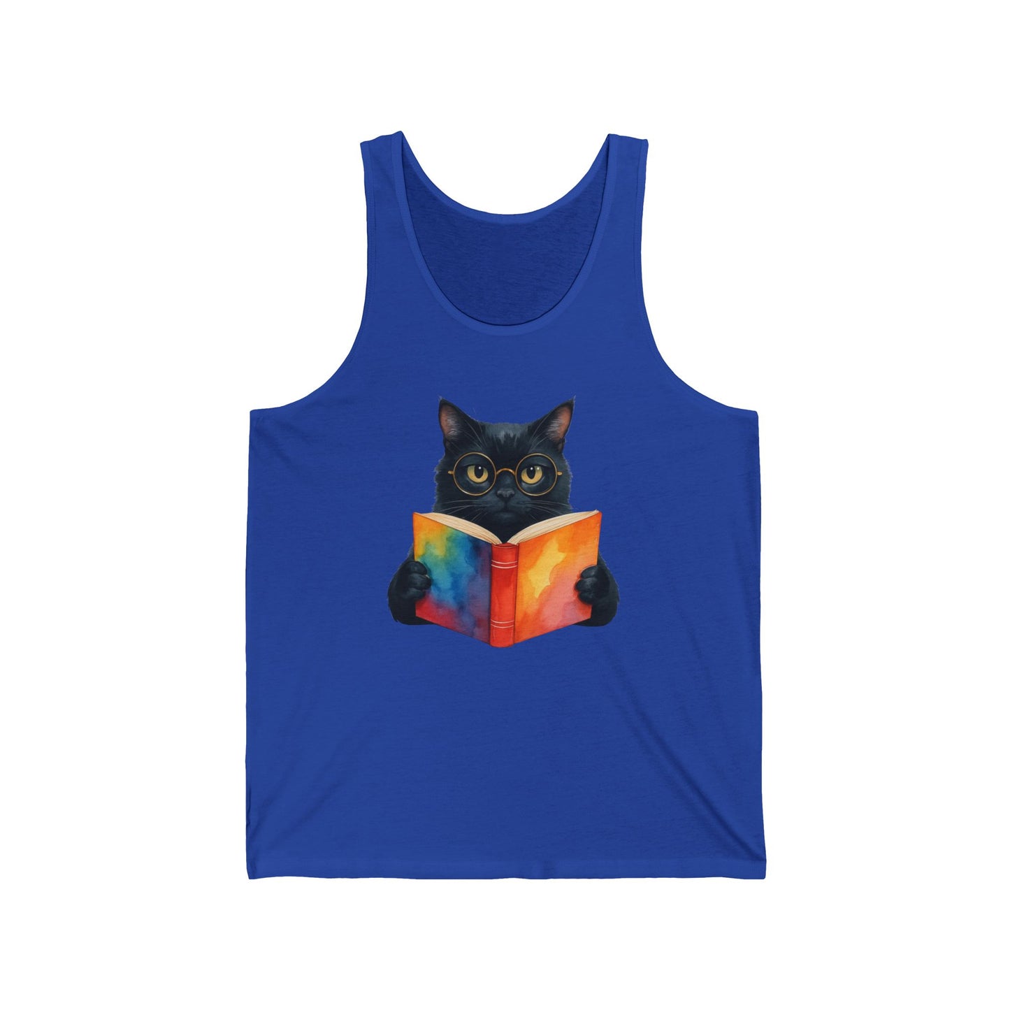 Black Cat Reading a Book Tank Top - Unisex Jersey Tank, Cat Lover Sleeveless Shirt, Bookworm Graphic Tee, Animal Print Vest, Cute Kitten