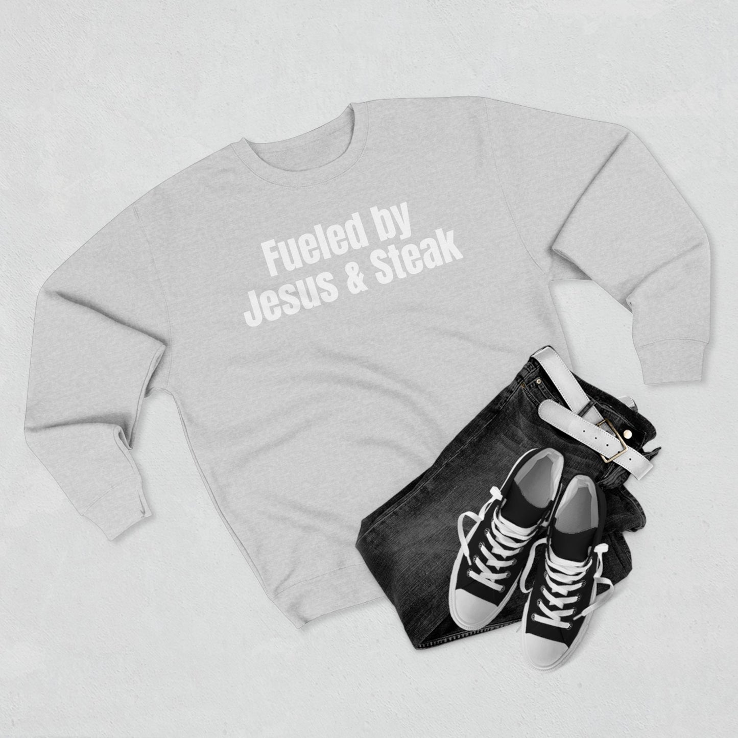Fueled by Jesus and Steak Unisex Sweatshirt, Christian Crewneck Jumper, Religious Top, Funny Foodie Pullover, Gift for Men and Women