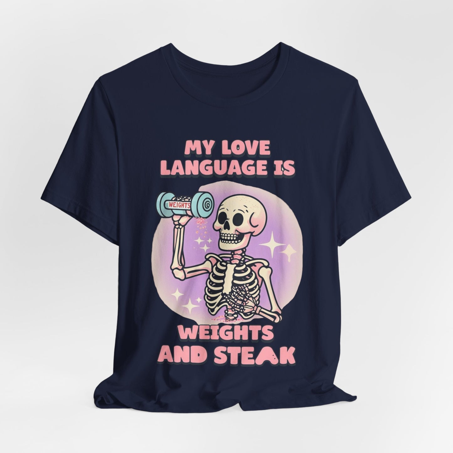 Funny Halloween Weights and Steak Skeleton Unisex Tee, Workout Shirt, Gym T-Shirt, Halloween Costume, Spooky Graphic Tee