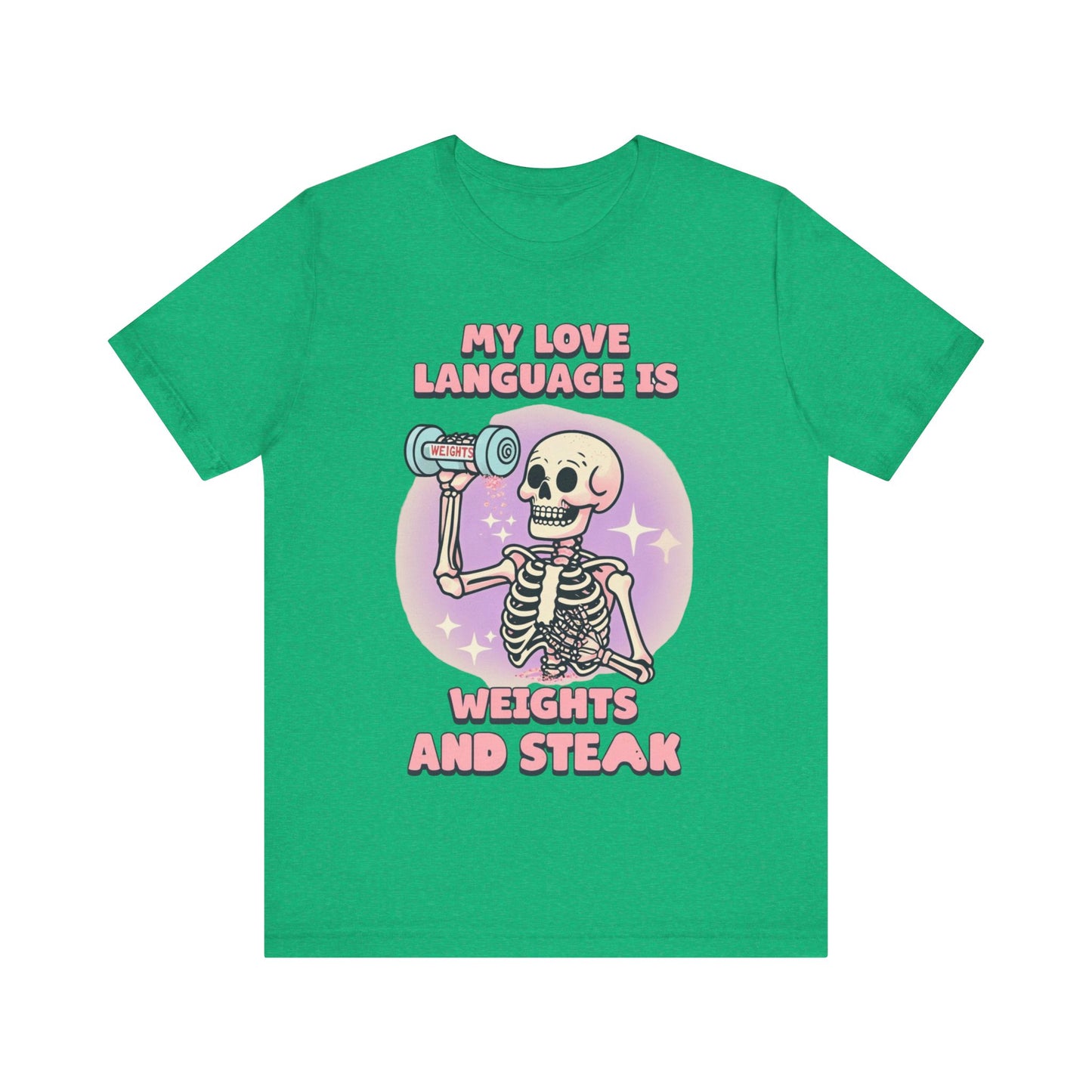 Funny Halloween Weights and Steak Skeleton Unisex Tee, Workout Shirt, Gym T-Shirt, Halloween Costume, Spooky Graphic Tee