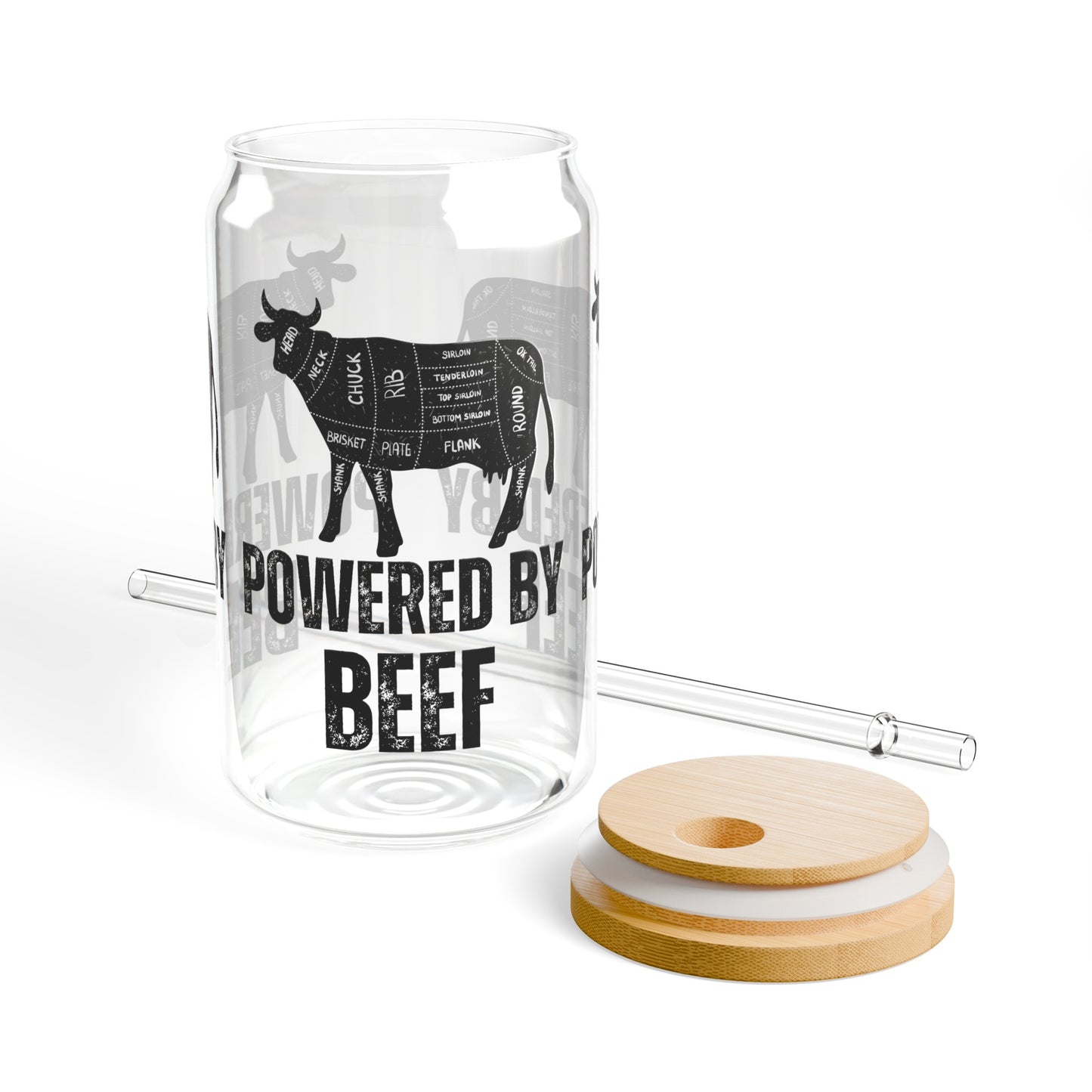 Powered By Beef Glass Carnivore gift idea for Dad or Mom gifts for Meat Lover Cute Sipper Glasses with Bamboo Lid Funny Drink ware