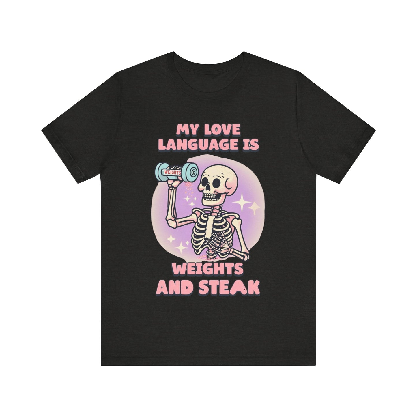 Funny Halloween Weights and Steak Skeleton Unisex Tee, Workout Shirt, Gym T-Shirt, Halloween Costume, Spooky Graphic Tee
