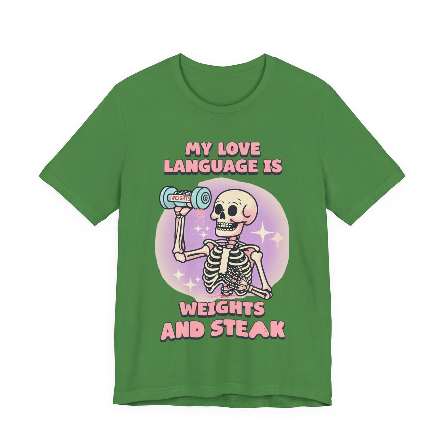 Funny Halloween Weights and Steak Skeleton Unisex Tee, Workout Shirt, Gym T-Shirt, Halloween Costume, Spooky Graphic Tee