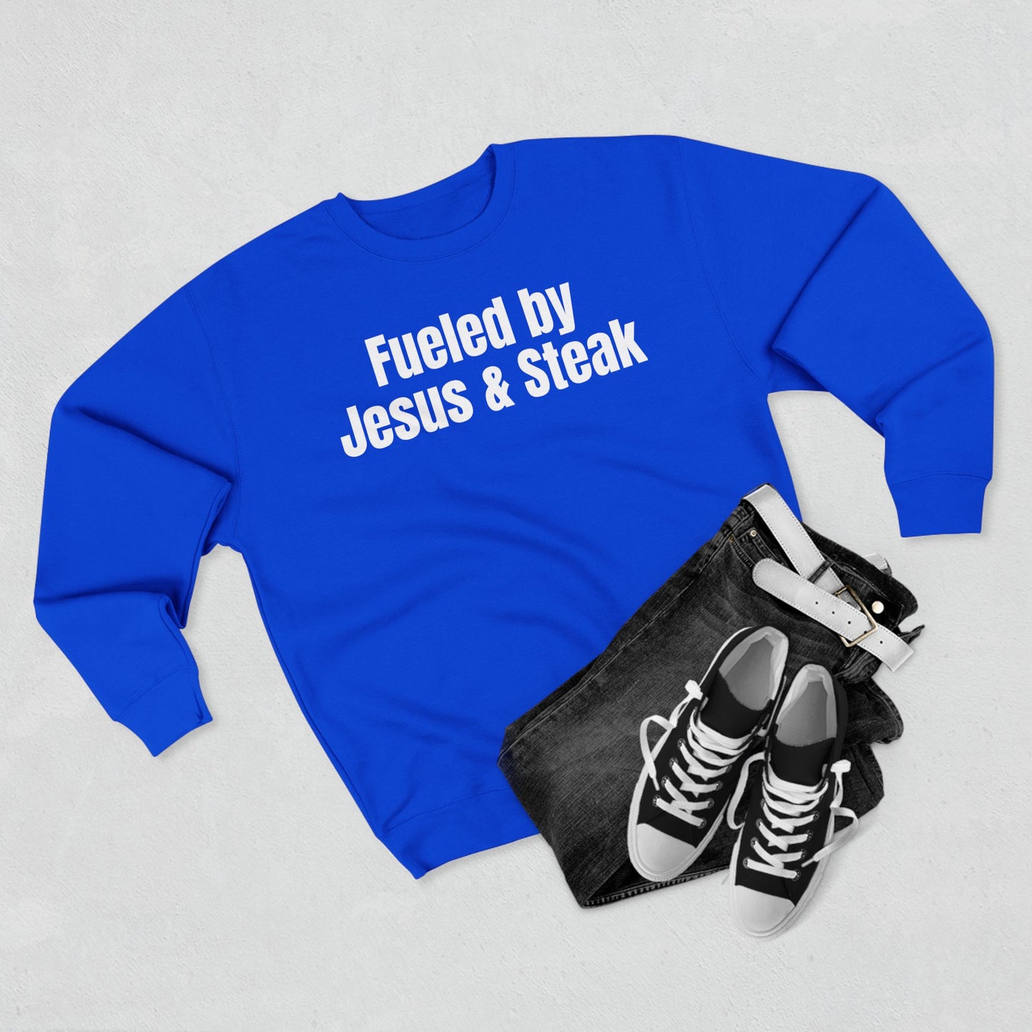 Fueled by Jesus and Steak Unisex Sweatshirt, Christian Crewneck Jumper, Religious Top, Funny Foodie Pullover, Gift for Men and Women