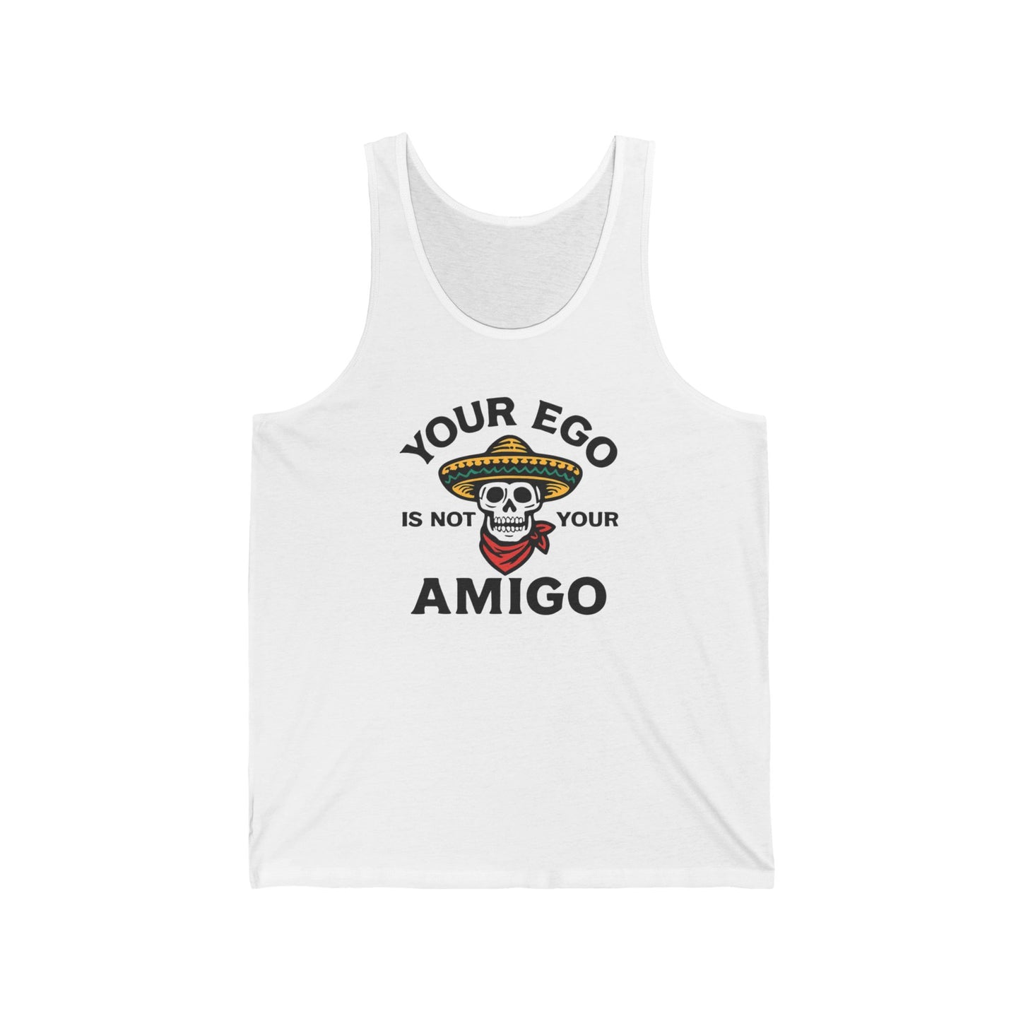 Funny Skull Unisex Jersey Tank Top, Your Ego Is Not Your Amigo, Spanish Sleeveless Shirt, Humorous Skeleton Muscle Tee, Cool Graphic Tee