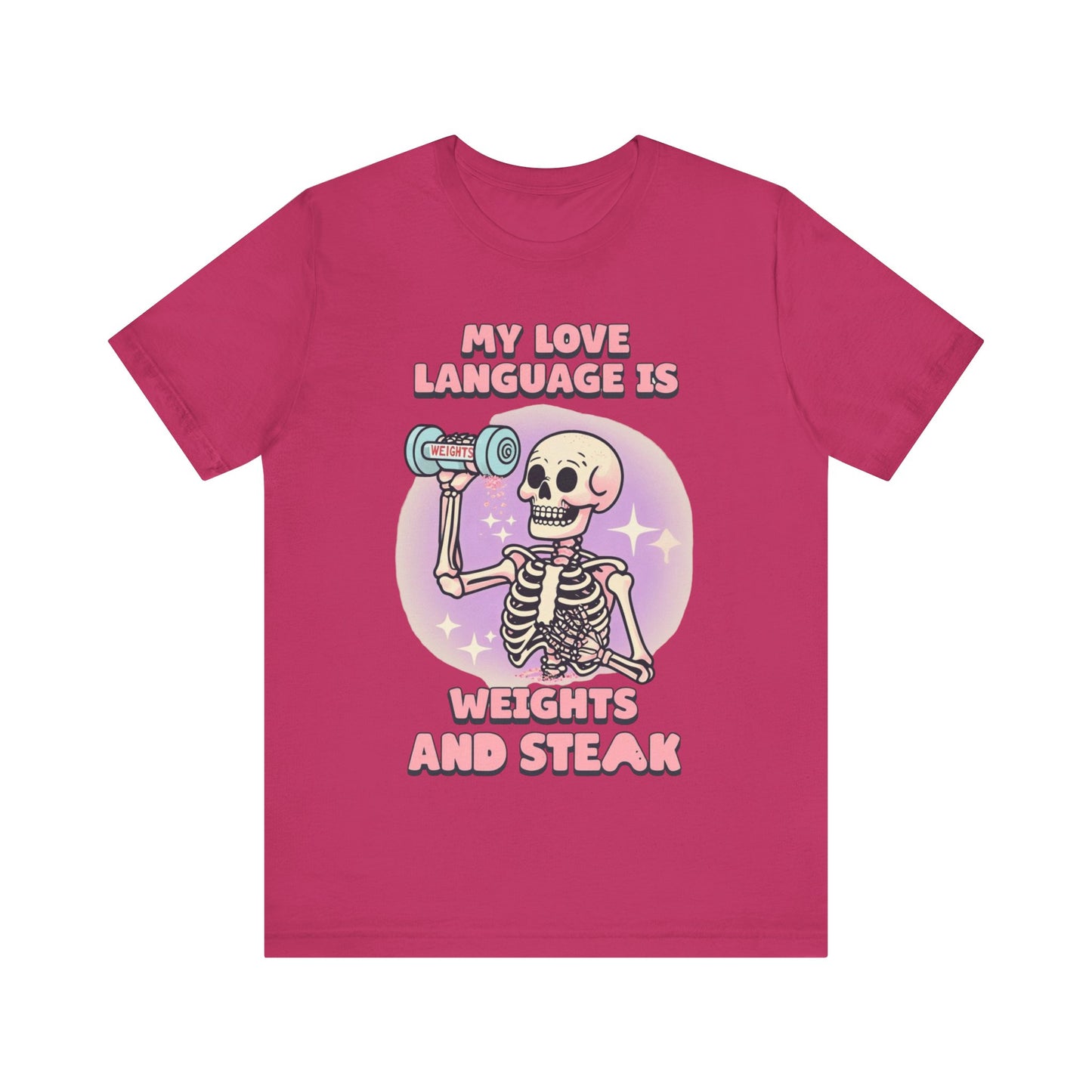 Funny Halloween Weights and Steak Skeleton Unisex Tee, Workout Shirt, Gym T-Shirt, Halloween Costume, Spooky Graphic Tee