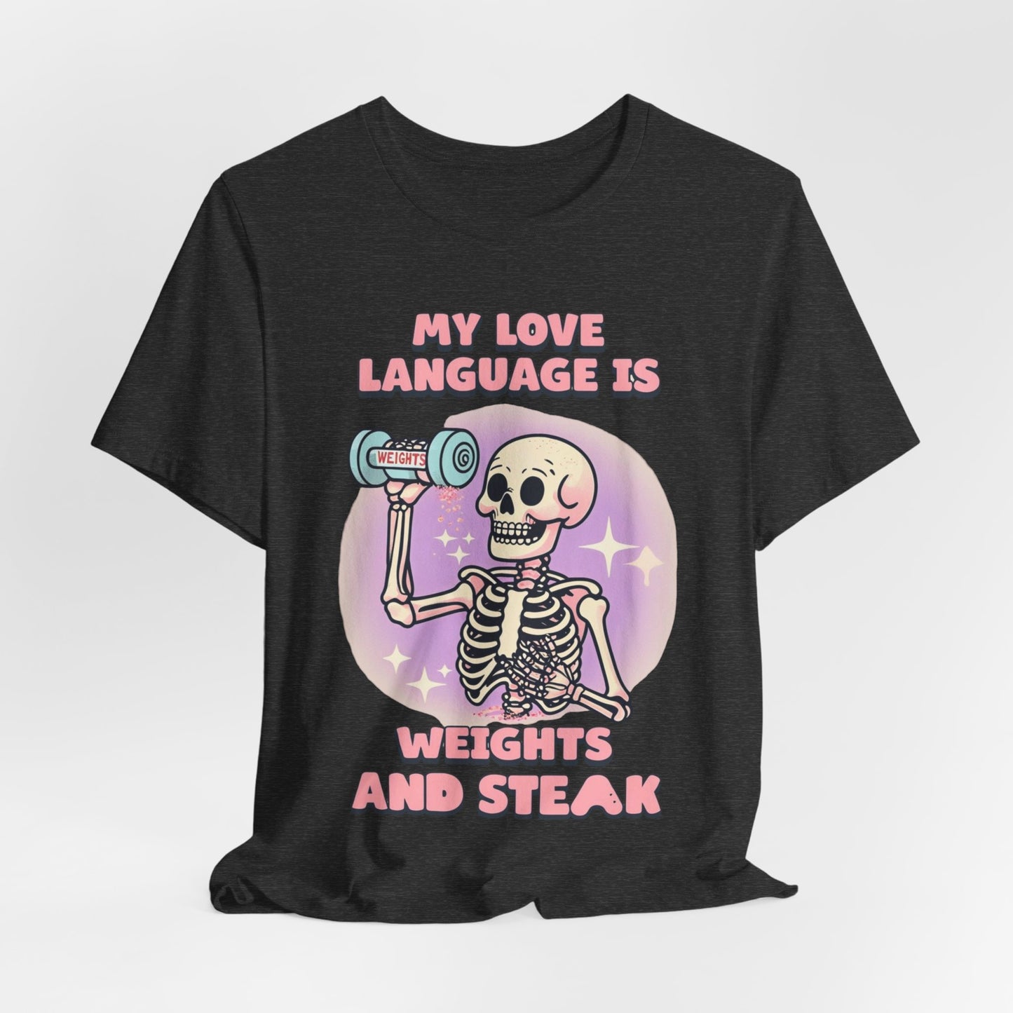 Funny Halloween Weights and Steak Skeleton Unisex Tee, Workout Shirt, Gym T-Shirt, Halloween Costume, Spooky Graphic Tee