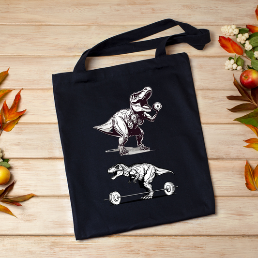 Funny Dinosaur Working Out Tote Bag T-rex Lifting Weights Canvas Tote Bag for Dinosaurs Lover gift for Gym Rat Fitness bags Workout Bag