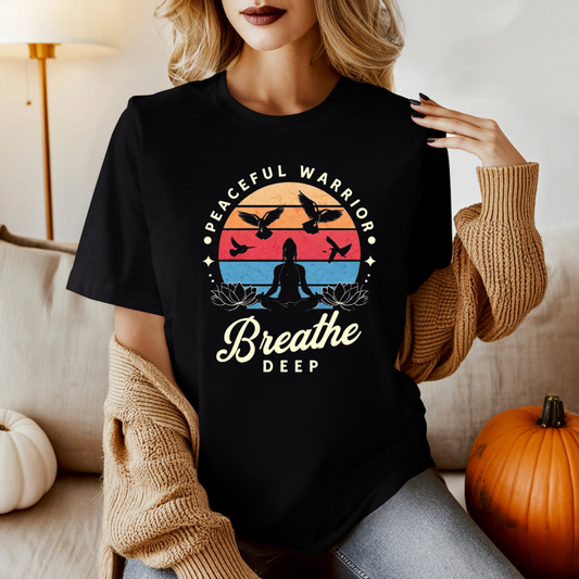 Yoga T Shirt for Yoga Lover gifts for Gym Tshirt Workout Tops for Women gift Peaceful Warrior Tee Breathe Deeply Tee Shirts for Yoga gift