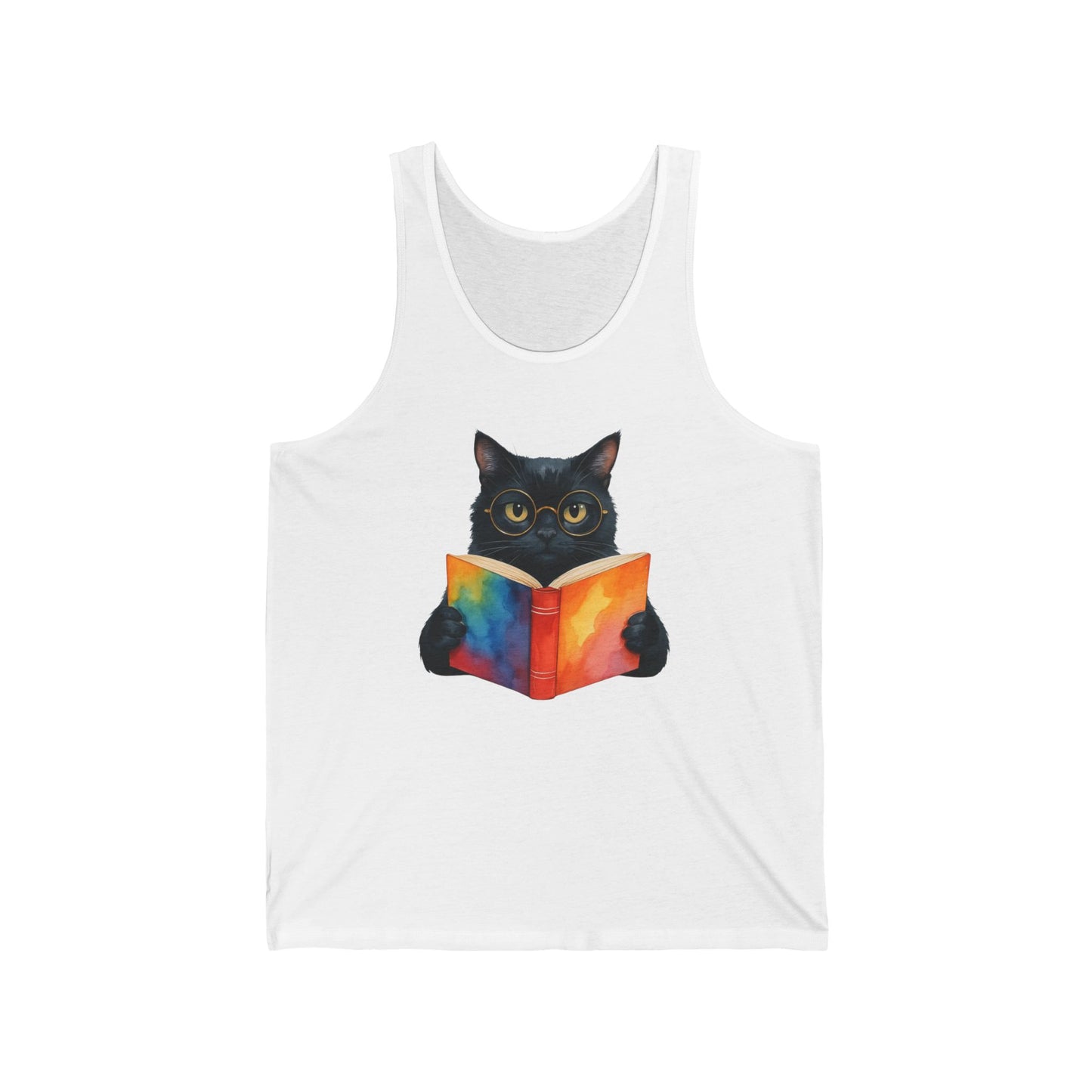 Black Cat Reading a Book Tank Top - Unisex Jersey Tank, Cat Lover Sleeveless Shirt, Bookworm Graphic Tee, Animal Print Vest, Cute Kitten