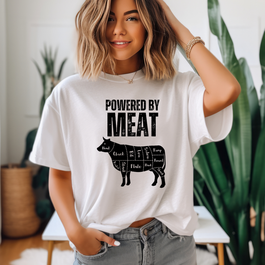 Powered By Meat T-shirt Funny Food T Shirt for Foodie gift for Her gifts for Friends Meat Lover gift for Carnivore Shirt