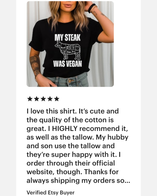 Funny T-shirt for Steak Lover gift for Meat Lover Shirt for Carnivore T Shirt My Steak Was Vegan Tee, Second Hand Vegan