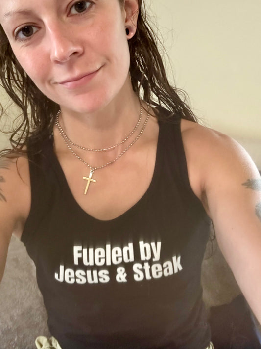 Fueled By Jesus and Steak Shirt for Christian Tank Top for the Gym Tank Tops for him gifts for her Christian Workout Shirts for Steak Lovers