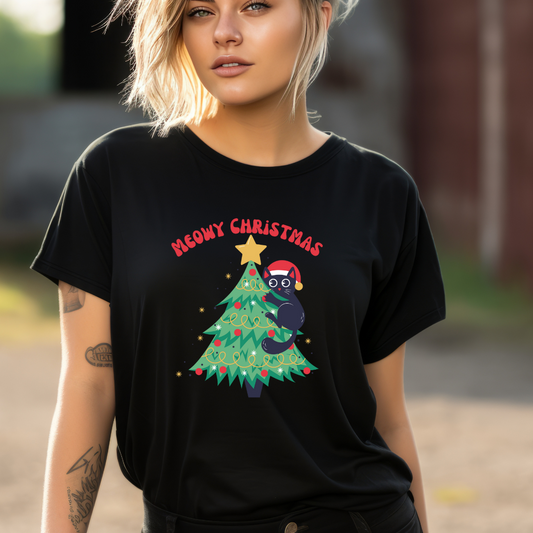 Christmas Cat Shirt for Holiday Party TShirt for Holiday Cats T Shirts for Black Cat lover gift for Christmas Cats Shirts Meowy Christmas